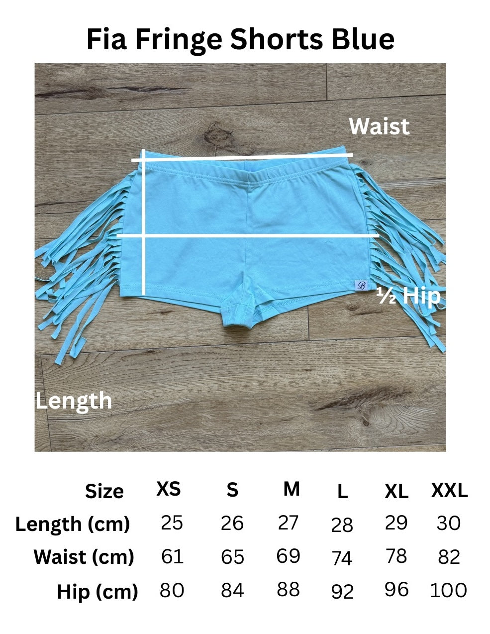 size chart for teal blue micro shorts with fringe on the side