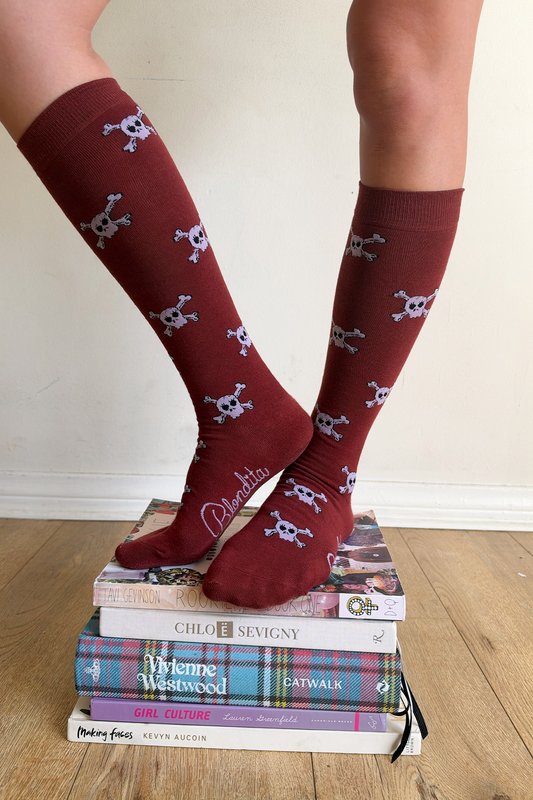 Betsey Skull Knee Socks Maroon
